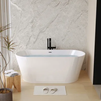55" Acrylic Freestanding Bathtub, Stand Alone Soaking Tub, Glossy White Acrylic, Toe-tap Chrome Drain, cUPC Certified