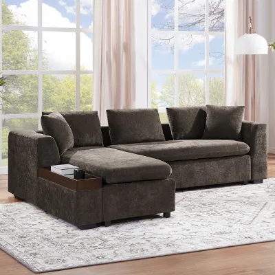 Sectional Sofa 93.7" L-shaped Sofa Upholstered Sofa Couch with wooden Storage Compartment for Living Room, Brown