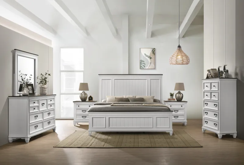 Clelane Wood Bedroom 6 piece Set with Shiplap Panel Queen Bed, Dresser, Mirror, Two Nightstands, and Chest