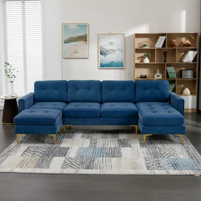 110" L-Shape Convertible Sectional Sofa Couch with Movable Ottoman for Living Room, Apartment, Office, Blue