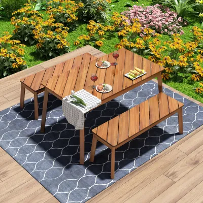 GO 3 Pieces Acacia Wood Table Bench Dining Set For Outdoor & Indoor Furniture With 2 Benches, Picnic Beer Table for Patio, Porch, Garden, Poolside, Natural