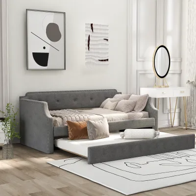 Upholstered Daybed with Trundle, Wood Slat Support, Upholstered Frame Sofa Bed, Twin, Gray