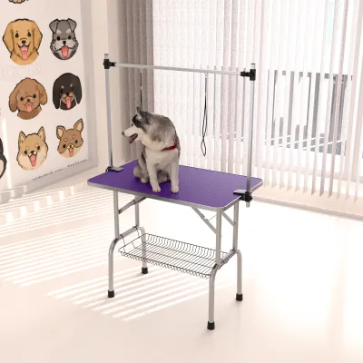 42" Folding Dog Pet Grooming Table Stainless Steel Frame Rubber Mat on Board with Adjustable Arm and Clamps pet dog Cat Grooming Table (PURPLE COLOR)