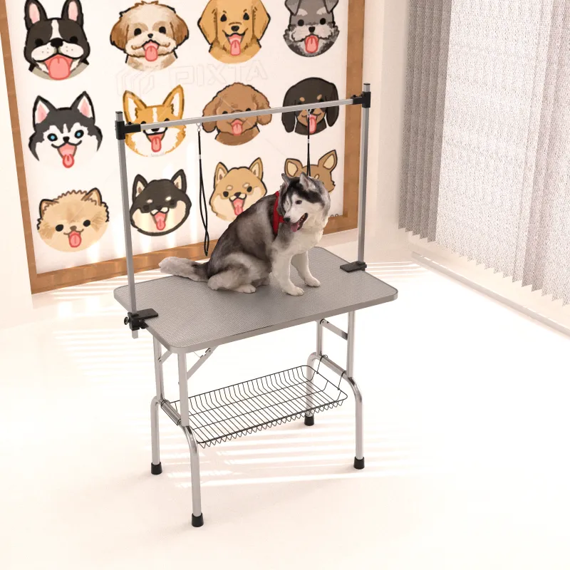 46" Folding Dog Pet Grooming Table Stainless Steel Frame Rubber Mat on Board with Adjustable Arm and Clamps pet dog Cat Grooming Table (SILVER-GRAY COLOR)