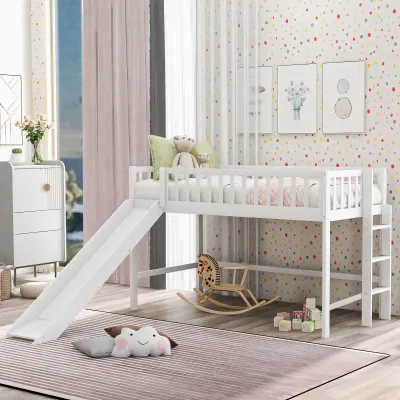 Twin Size Low Loft Bed with Ladder and Slide, White(OLD SKU:WF196418AAK)
