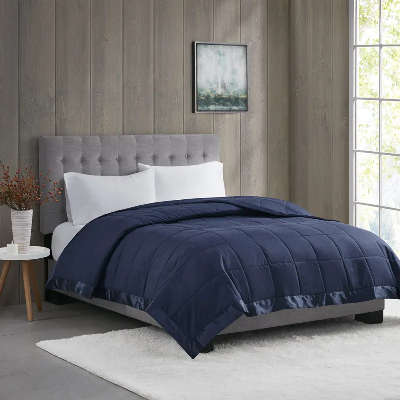 Lightweight Down Alternative Blanket with Satin Trim Navy Full/Queen