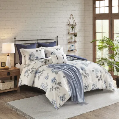 7 Piece Printed Seersucker Comforter Set with Throw Blanket Blue Full/Queen