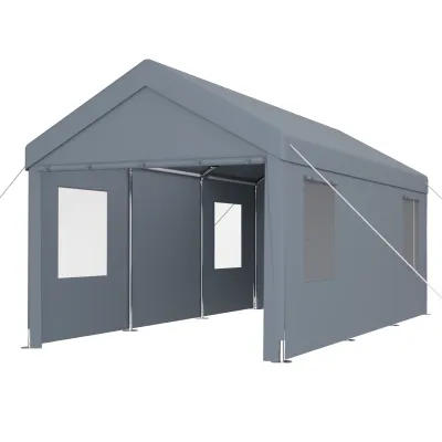 Carport 10' x 20' Portable Garage, Heavy Duty Car Port Canopy with 2 Roll-up Doors & 4 Ventilated Windows for Car, Truck, Boat, Garden Tools, grey
