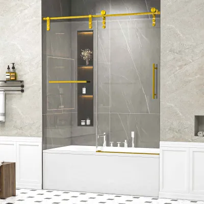 56-60" W * 66" H Frameless Single Sliding Shower Doors, Bathroom Sliding Shower Door With Towel Rail And Auxiliary Handle, 5/16" (8mm) Thick SGCC Tempered Glass Door, Brushed Gold (No Soft-Close)