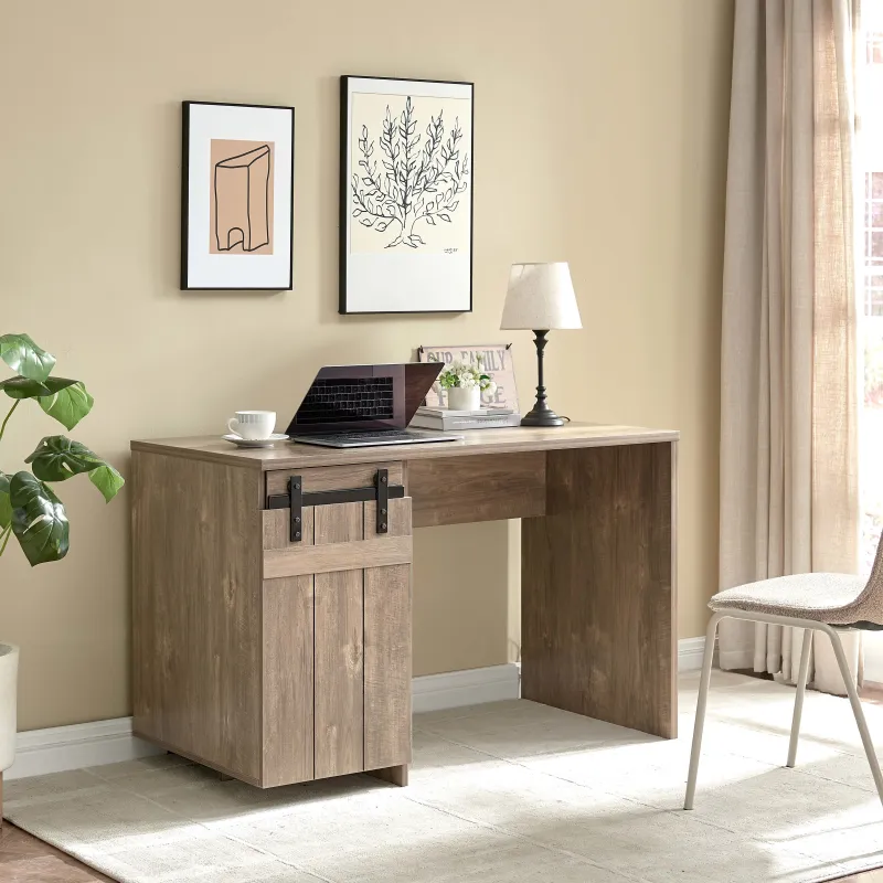 Home Office Desk Hazelnut One Cabinet Three Shelves Faux Barn Door on Metal Euro Hinges Modesty Panel