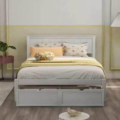 Full Size Platform Bed with Under-bed Drawers, White