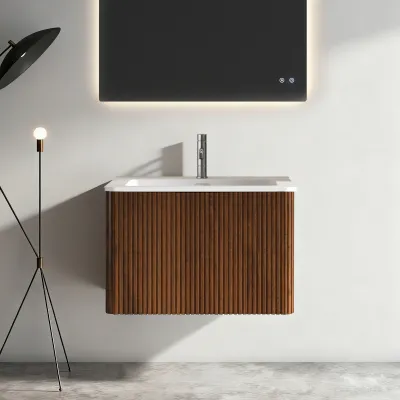 U046-Etna24W-305 Etna 24" Striped Walnut Bathroom Vanity with White Solid Surface Sink, Wall Mounted Floating Bathroom Vanity for Modern Bathroom, Pre-assembled