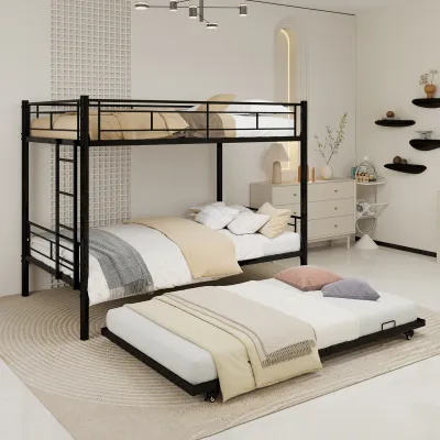 Black Twin Metal Triple Bunk Bed with Convertible Functionality – Fits 3 Beds, Space-Saving Design, Heavy-Duty Iron Frame, Modern Black Finish