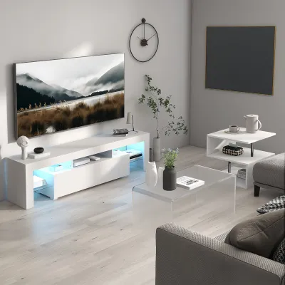 LED TV Stand for Televisions up to 55 Inchs,Modern Entertainment Center with down filp door, Glass shelf and high glossy UV front face, TV Console Table for Living room,Bedroom,White