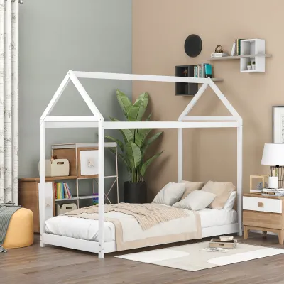 Twin Size Wooden House Bed, White