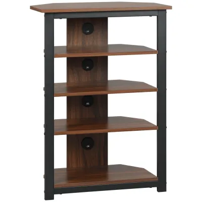 Corner TV Stand with Storage Shelves, Brown Particle Board and Steel Frame, 4‑Tier Media Tower, 55 lbs Capacity