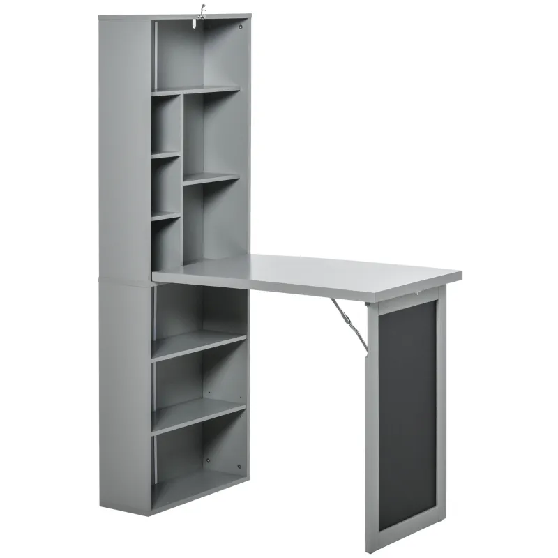 HOMCOM Fold-out Convertible Writing Table Wall Mount Desk Cabinet with Blackboard and Side Shelf Multi-Function Home Office Workstation, Grey