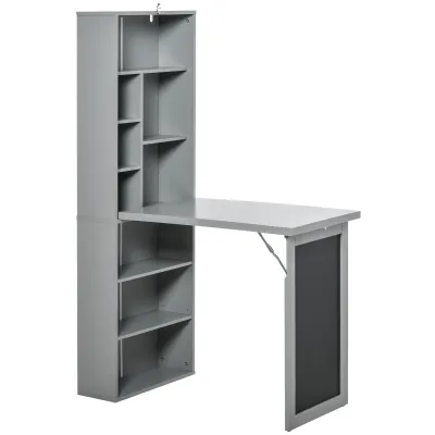HOMCOM Fold-out Convertible Writing Table Wall Mount Desk Cabinet with Blackboard and Side Shelf Multi-Function Home Office Workstation, Grey