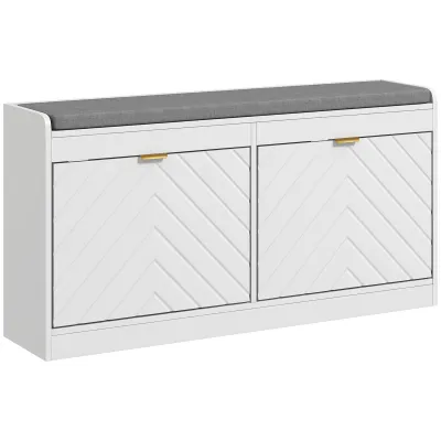 HOMCOM Shoe Bench, Entryway Bench with 2 Flip Drawers, Seating Cushion, and 2 Vents for 8 Pairs of Shoes for Hallway, White