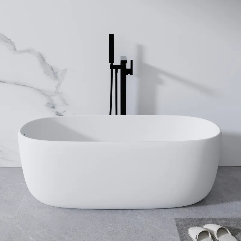 51'' Freestanding Bathtub Resin Stone Soaking Bathtub Solid Surface Modern Tubs with Overflow and Pop-up Drain in White/2130380