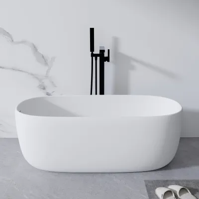 51'' Freestanding Bathtub Resin Stone Soaking Bathtub Solid Surface Modern Tubs with Overflow and Pop-up Drain in White/2130380