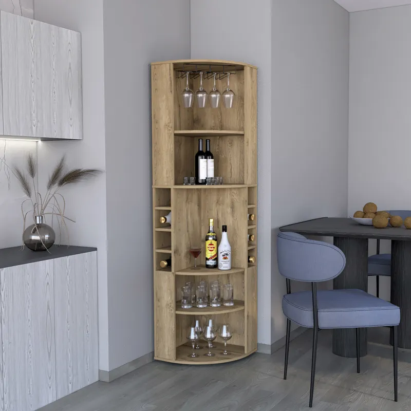 Corner Bar Cabinet 71"H with Five Shelves, Eight Bottle Cubbies and Stemware,Macadamia