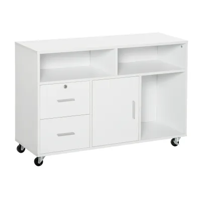 HOMCOM Printer Stand Home Office Mobile Cabinet Organizer Desktop with Caster Wheels, 2 Locking Breaks and Drawer, White