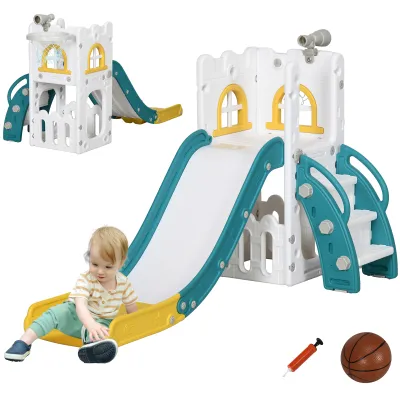 Qaba 5 in 1 Toddler Slide, Indoor Kids Slide Playset for 1-3 Years Olds with Basketball Hoop, Climber, Telescope & Storage Basket, Yellow