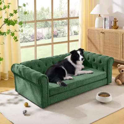 Elegant rectangular pet bed for big and oversized dogs, durable elevated dog sofa bed, comfortable dog sofa, modern and fashionable linen fabric dog sofa-OLIVE GREEN