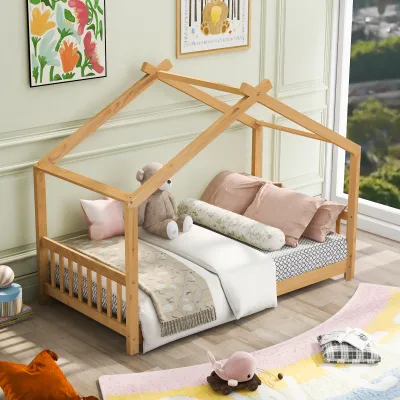 Twin Size House Platform Bed with Headboard and Footboard, Roof Design, Natural