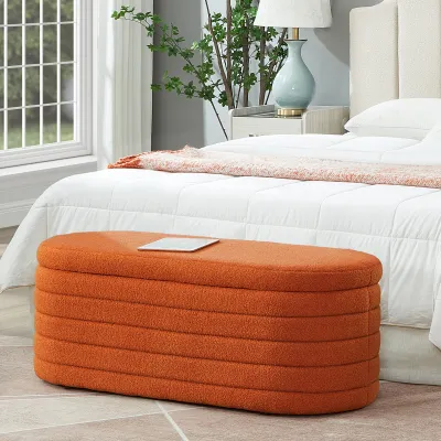 Modern Oval Storage Ottoman Bench, Upholstered Boucle Teddy Fabric End of Bed Bench with Storage, End of Bed Stool with Safety Hinge for Bedroom, Living Room, Entryway, Orange
