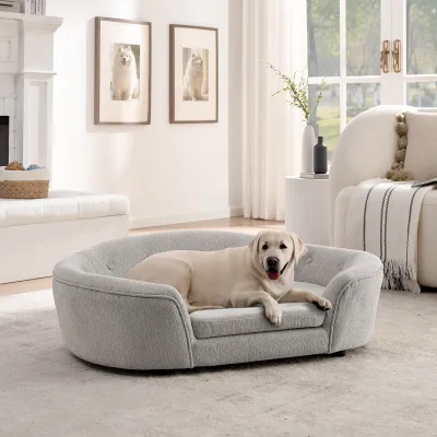OVERSIZED Size Oval Semi-Enclosed Dog Sofa - Durable Linen Material, Button-Tufted Backrest, High-Center Low-Sides Support & Plush Comfort-Beige