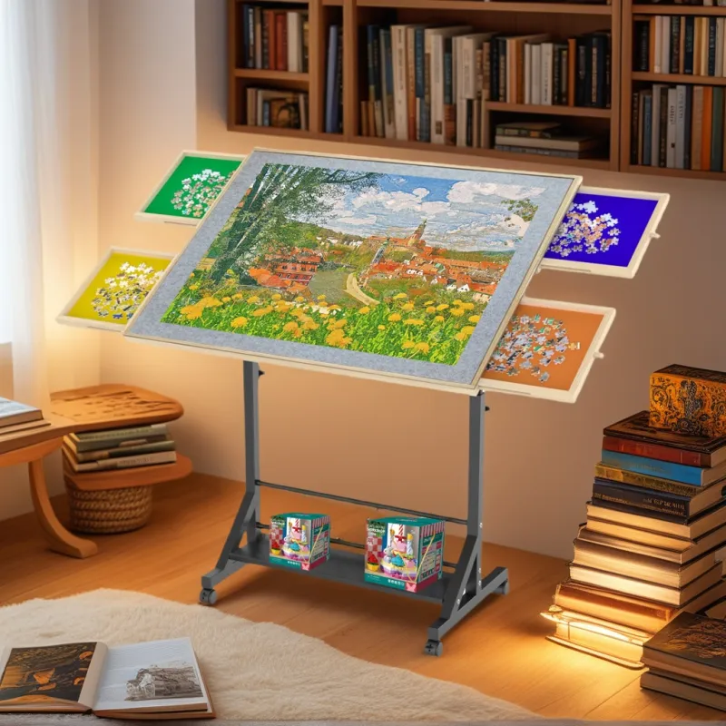 Wooden 1500 Pieces Puzzle Table with Drawer, 35"*27.17" Adjustable Puzzle Table, 360° Tilting Puzzle Table with Legs and Wheels, Adjustable Height and Angle, with Protective Cover