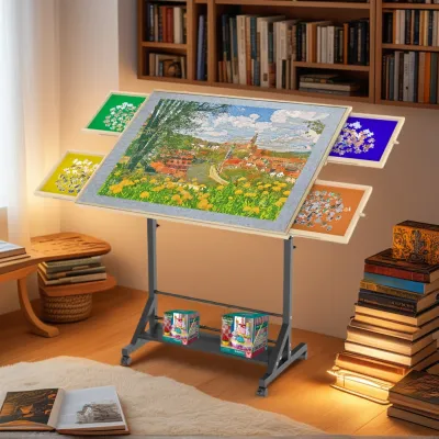 Wooden 1500 Pieces Puzzle Table with Drawer, 35"*27.17" Adjustable Puzzle Table, 360° Tilting Puzzle Table with Legs and Wheels, Adjustable Height and Angle, with Protective Cover