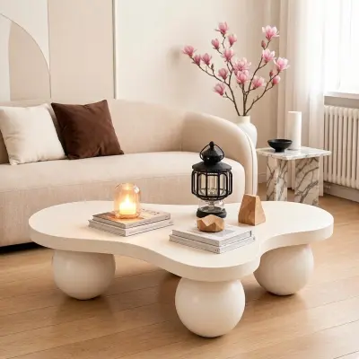 46'' Funky Unique Modern Coffee Table, Abstract Irregular Shape Low Profile Wooden Living Room Table with Ball Legs,Cute Center Tables,Tea Table for Bedroom,Apartment,Living Room. White.