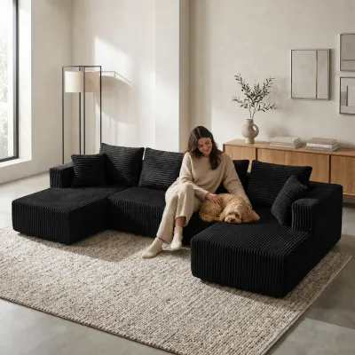 132.1 Inch Modular Sectional Sofa, U-Shaped Corduroy Sofa Couch with Double Chaise, Oversized Deep Seat Cloud Couch for Living Room, Apartment, Black