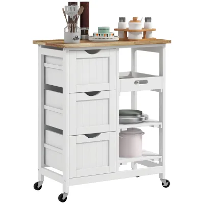 HOMCOM Rolling Kitchen Island Cart, Bar Serving Cart with Drawers, White