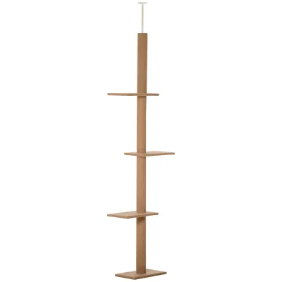 PawHut Floor-to-Ceiling Cat Tree Cat Climbing Tower with Sisal-Covered Scratching Posts Natural Cat Tree Activity Center for Kittens Cat Tower Furniture, Brown