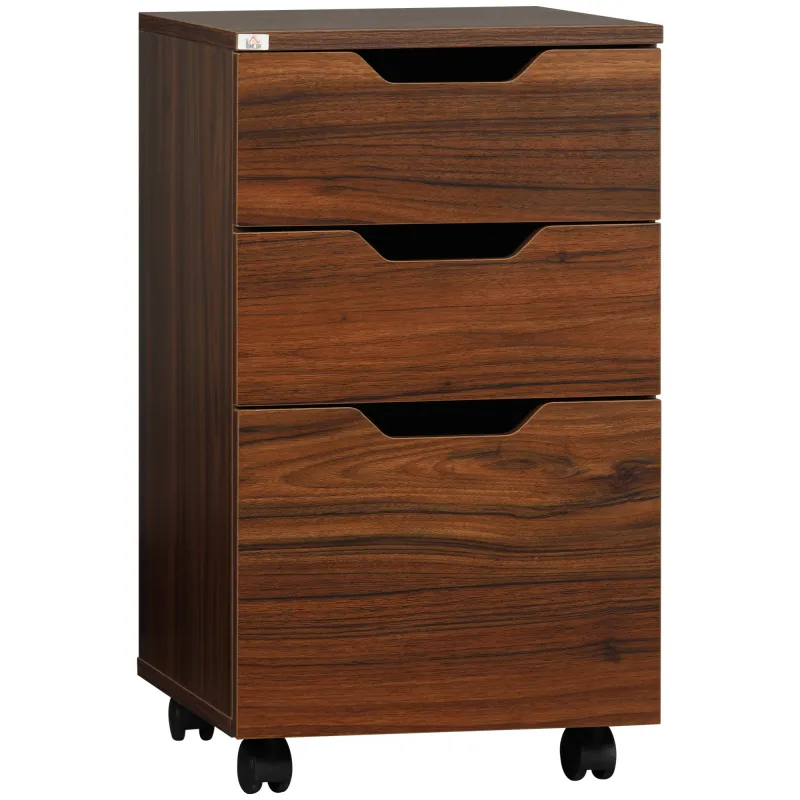 HOMCOM 3 Drawer Office Storage Cabinet, Under Desk Cabinet with Wheels, Brown Wood Grain