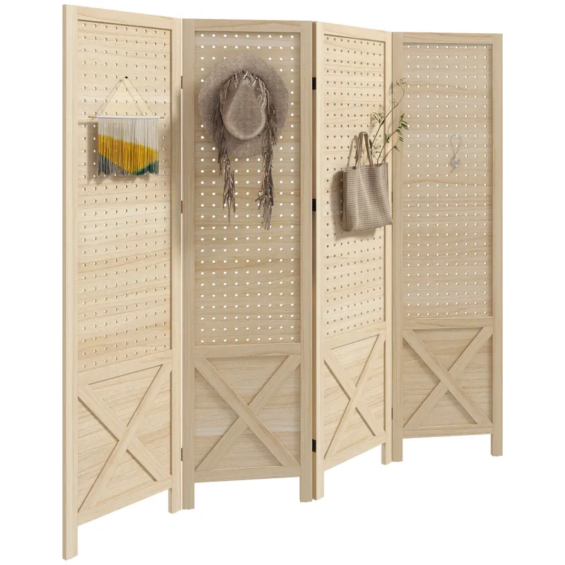 HOMCOM 4 Panel Pegboard Display Room Divider, 4.7' Tall Wood Indoor Portable Folding Privacy Screen, Partition Wall Divider for Home Office, Natural
