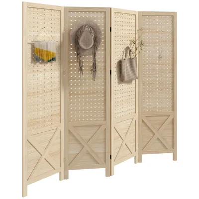 HOMCOM 4 Panel Pegboard Display Room Divider, 4.7' Tall Wood Indoor Portable Folding Privacy Screen, Partition Wall Divider for Home Office, Natural