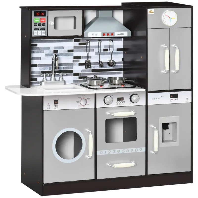 Qaba Wooden Play Kitchen with Lights Sounds, Kids Kitchen Playset with Washing Machine, Water Dispenser, Microwave, Range Hood, Refrigerator, Utensils, Gift for 3-6 Years Old