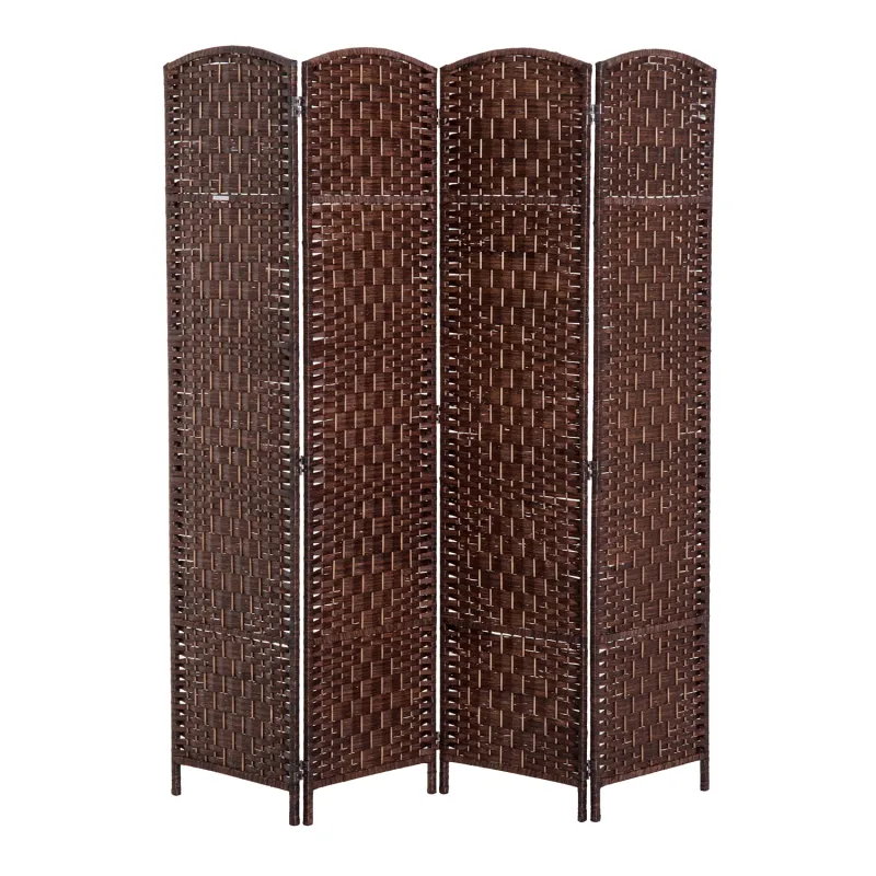6' Tall Wicker Weave 4 Panel Room Divider Privacy Screen - Brown