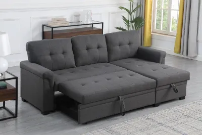 Lucca 84" Dark Gray Linen Reversible Sleeper Sectional Sofa with Storage Chaise