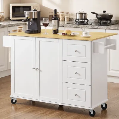 K&K 52.7" Kitchen Island with Storage & Drop Leaf, Rolling Kitchen Island Cart on Wheels with 3 Drawers, Adjustable Shelf, Spice & Towel Rack, Island Table for Small Kitchen & Dining Room, White