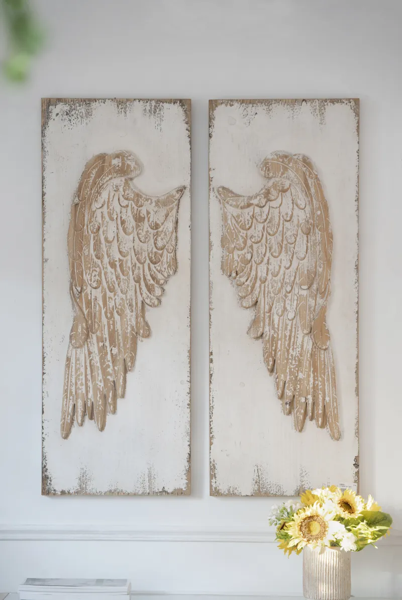 Set of 2 Feather Wing Wall Panels with Distressed White Finish, Rectangle Hanging Wall Art, 42" x 15.5"