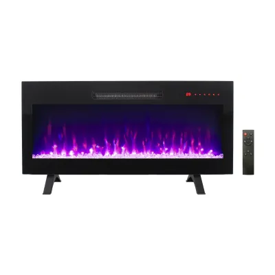 36 inch recessed ultra thin tempered glass front wall mounted electric fireplace with remote and multi color flame & emberbed, LED light heater