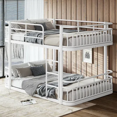 Full over Full  Bunk Bed with Ladders & Guardrails, Upgraded Round-Pipe Metal Frame, Stylish & Versatile for Any Room,White
