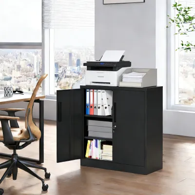 Metal Storage Cabinet with Lock, 2-Door Garage Storage Cabinet with 2 Adjustable Shelves, Heavy Duty Steel File Cabinet for Home, Office, Garage, School (Black, 35.4"H)