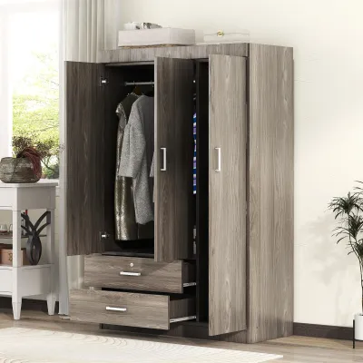 3-Door Wardrobe with 2 Drawers, Wood Grain Effect in Gray(OLD SKU:LP006001)